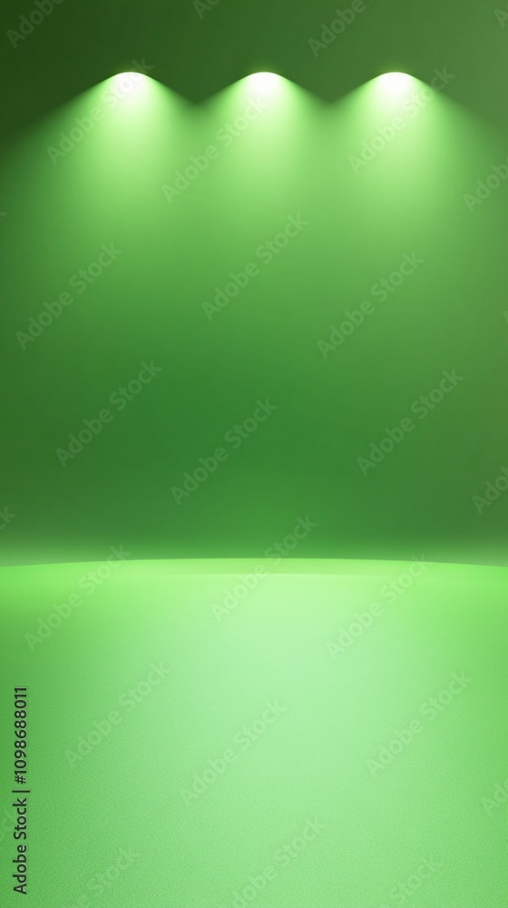 Aufkleber minimalist green backdrop illuminated by three overhead spotlights, creating a dramatic gradient eff