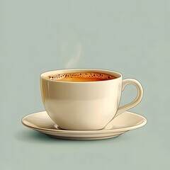 A warm, steaming cup of coffee elegantly placed on a saucer, featuring a light beige color to evoke a cozy and inviting atmosphere.