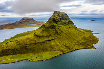 Kirkjufell - Drone view of a majestic Icelandic mountain