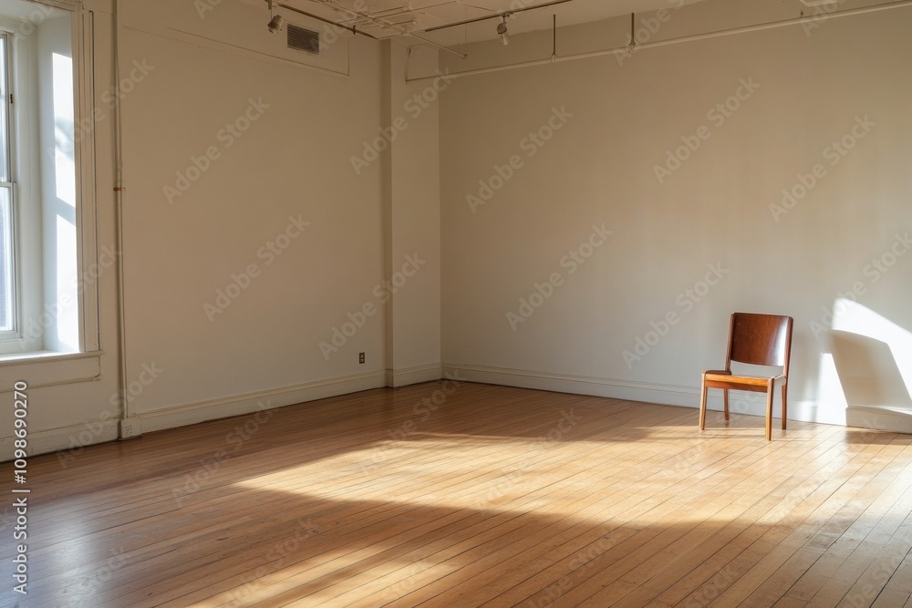 Poster Wooden floors stretch across an empty room with a single chair by the wall, sunlight streaming through the window, creating shadows. Generative AI