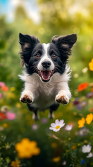 A black and white dog jumping in the air in a field of flowers