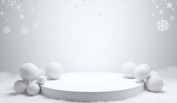 bright platform adorned sparkling snowflakes silver ornaments pure white surface