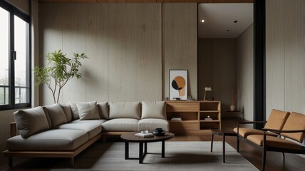 Fototapeta premium Modern minimalist living room with beige sectional sofa, wooden furniture, and natural light.