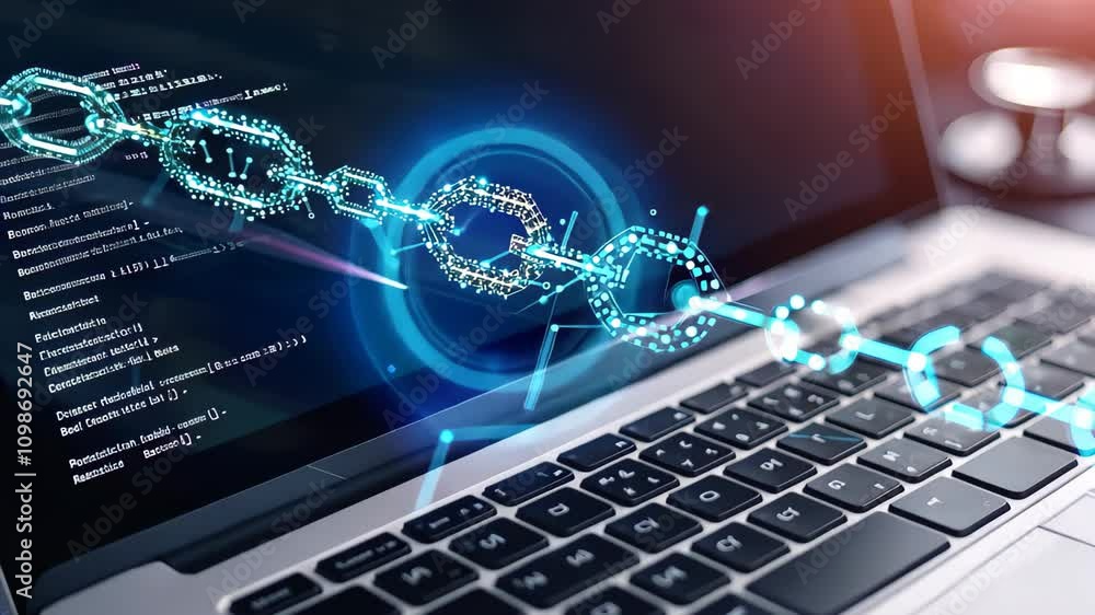Poster a detailed view of a laptop computer placed on a desk, use of blockchain technology in health record