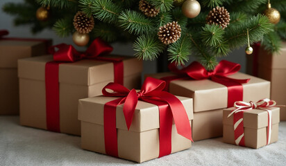brown boxes sit christmas tree ribbons tied around quietly waiting holiday morning arrival
