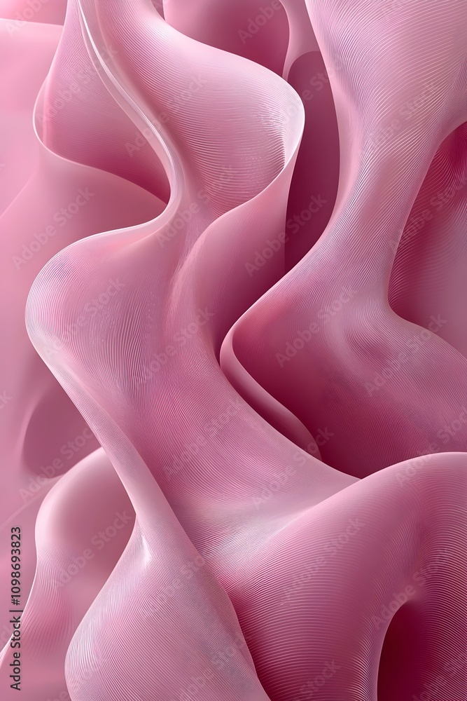 Poster an abstract composition featuring flowing pink waves and curves, creating a soft and harmonious visu