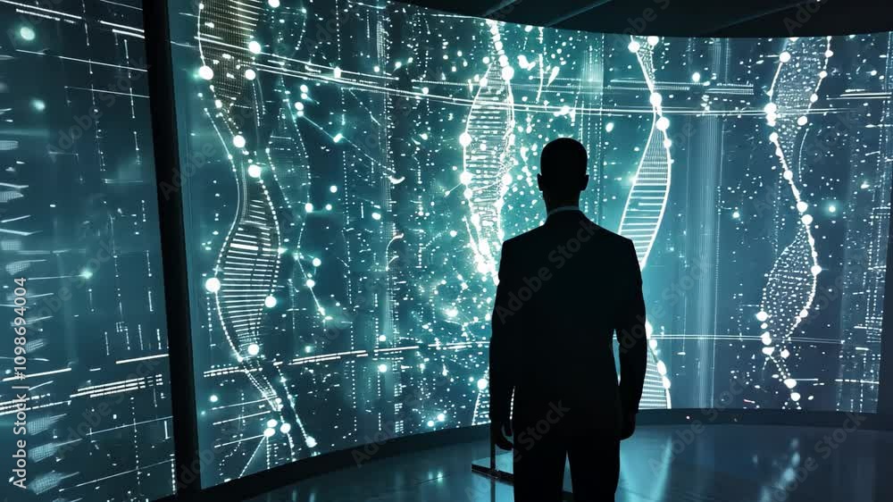 Aufkleber a man stands in front of a large screen, engaged in an interactive display, virtual reality visualiz