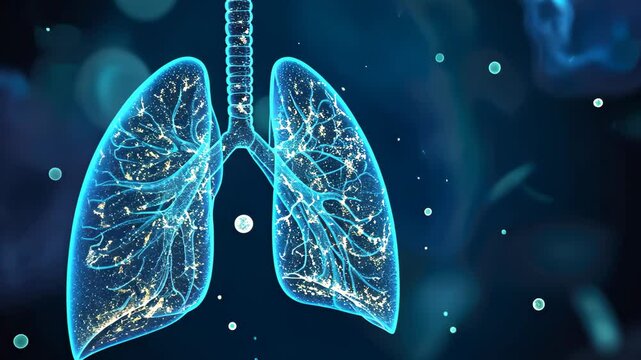 A three-dimensional depiction of the human lungs floating mid-air, showcasing their intricate structure and network of blood vessels, Visualisation of a healthy human lung