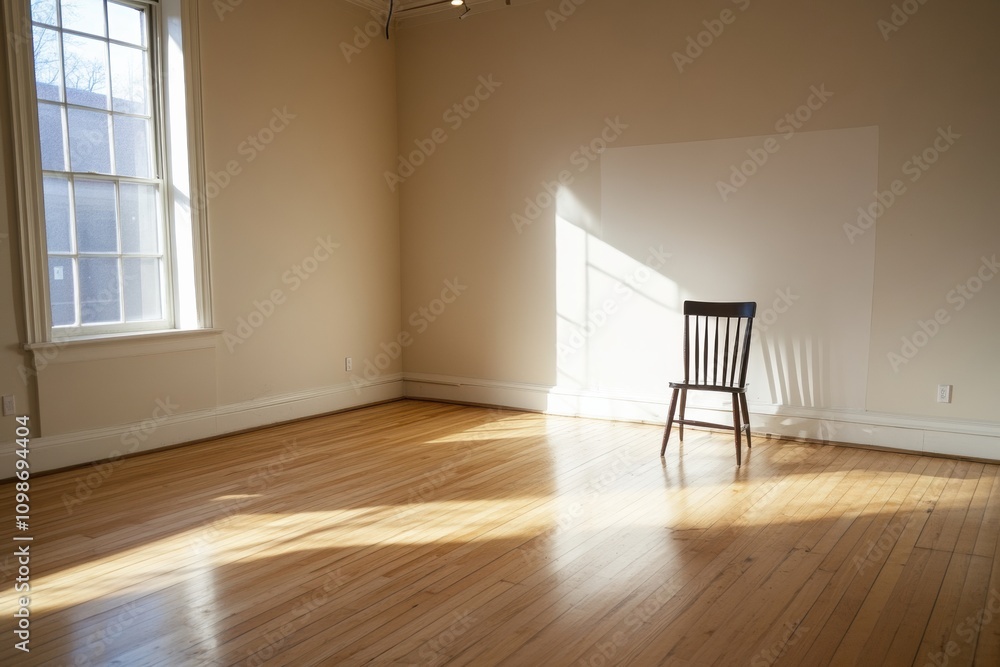 Aufkleber sunlight streams through a window onto a vacant room with polished wooden floors and a solitary chai