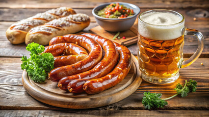 Fototapeta premium grilled sausages and a mug of beer on a wooden table