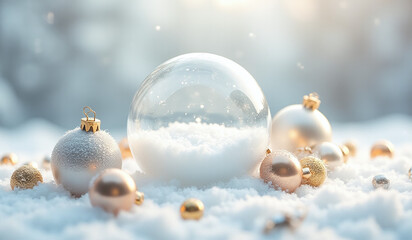 festive white gold christmas ornaments baubles surround empty glass snowball pristine snowy backdrop