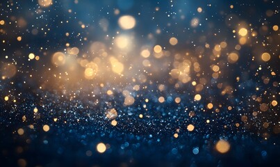 A festive navy blue backdrop filled with golden stardust and bokeh effects