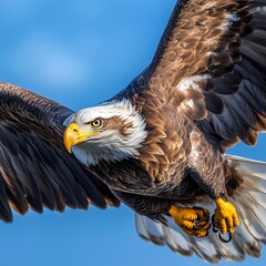 A fierce eagle in flight its talons visible against a stormy sky