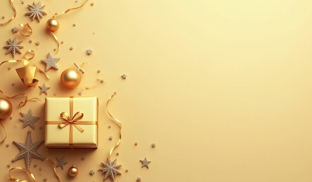 golden gift box light gold background decorated christmas items ribbons banner format clear copy space