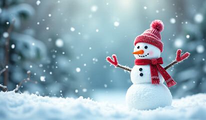 Fototapeta premium greeting card features snowman scene winter landscape snowy background happy new year design element