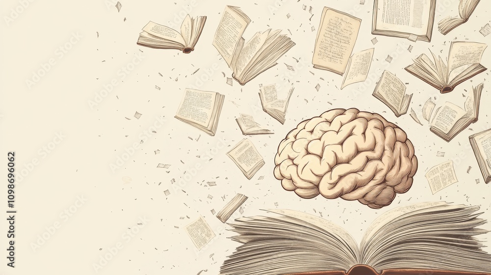 Poster a brain hovers above an open book as pages fly around, representing the dynamic connection between k