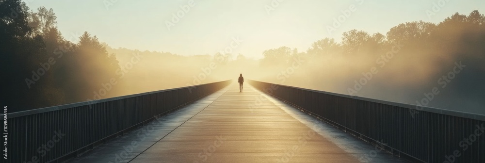 Poster A solitary person walks down a long, deserted bridge surrounded by fog and trees during the early morning hours, evoking tranquility and solitude. Generative AI