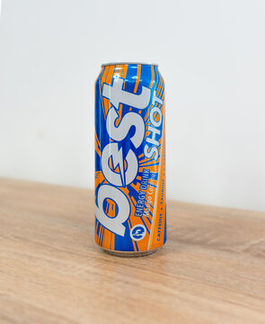 Kiev, Ukraine - November 23, 2024: Can 0,5l Best Shot Mango Coconut energy drink on blur background PPB production