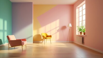 Fototapeta premium Minimalist interior with pastel walls and sunlit cozy chairs in modern living space