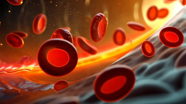 This video shows a group of red blood cells floating in water, showcasing their microscopic size and characteristic shape, 3D model of blood cell flow through a human artery