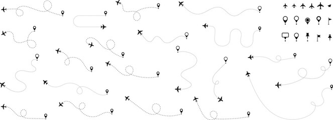 Airplane routes set. Plane paths. Aircraft tracking with planes, map or location pins. Travel Vector illustration. © Volodymyr