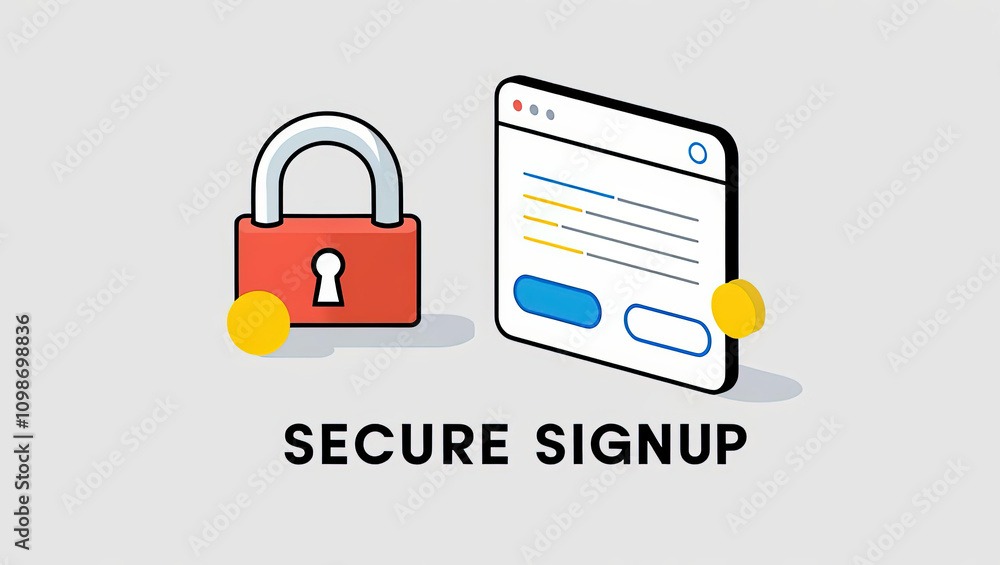Poster secure signup process with padlock and digital form illustration