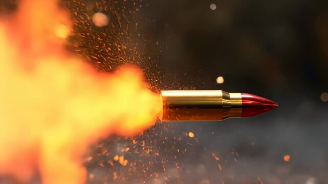 A high-speed close up videograph capturing the moment a bullet makes contact with a red object, A 3D model simulating the impact of a bullet injury
