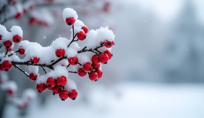 snowy branches hold bright red berries serene winter holiday backdrop