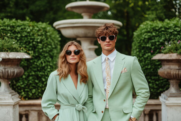 Fototapeta premium Couple dressed in stylish outfits posing in a lush garden setting near a classical fountain