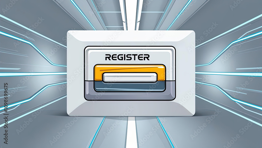 Poster futuristic register button with glowing lines in 3d illustration