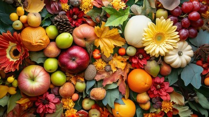 A bright background with beautiful Thanksgiving decorations of fruits, flowers, vegetables and leaves.