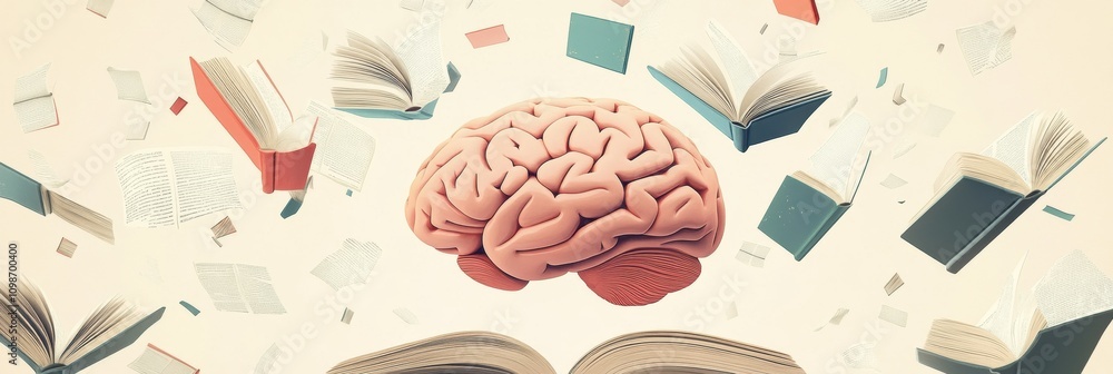 Poster A central brain surrounded by scattered open books and flying pages showcases the essence of knowledge and learning in an enlightening atmosphere. Generative AI