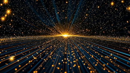 Naklejka premium A vibrant cosmic scene with radiant beams of light and scattered stars, creating a sense of depth and movement in a dark, starry background.