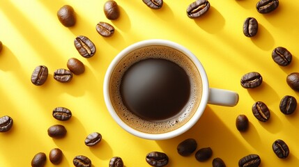 Obraz premium Freshly brewed cup of aromatic coffee surrounded by scattered roasted beans on vibrant yellow background, creating a bold and energetic composition.