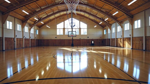 A basketball court showcasing a basketball hoop at the center of the court, A basketball court inside a spacious gym