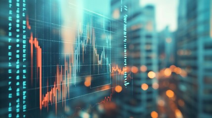Digital stock market graph overlay on blurred cityscape background, illustrating financial data analysis and urban economic trends.