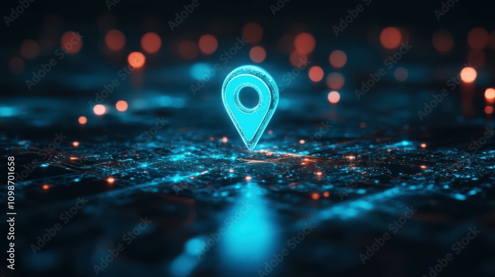 Poster a luminous blue digital map pin floats above a sleek background, hinting at navigation and location 