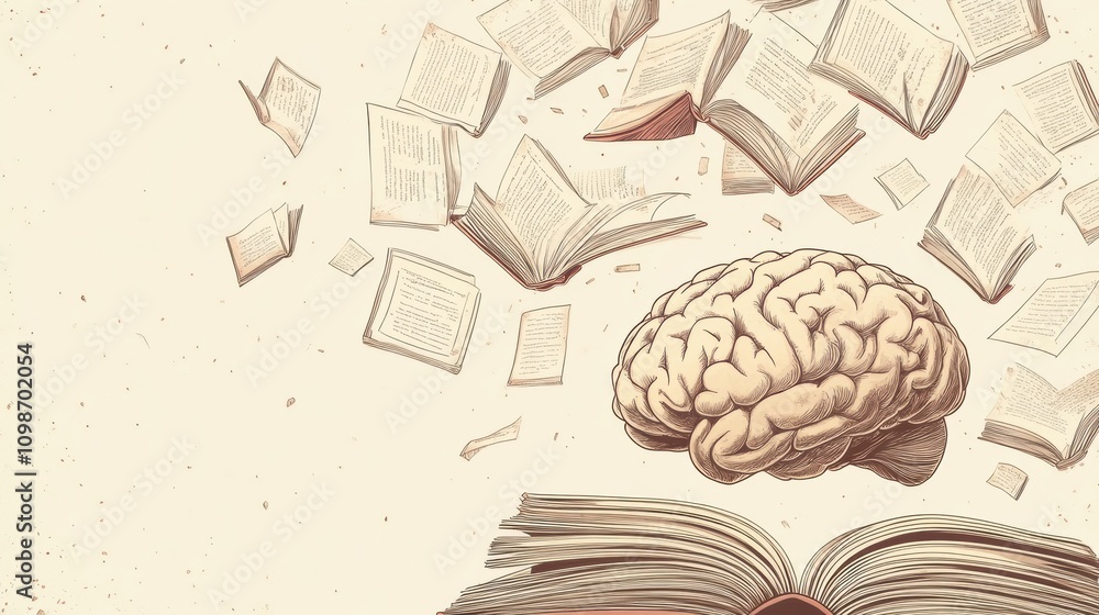 Poster a brain is surrounded by flying pages and open books, representing the relationship between knowledg