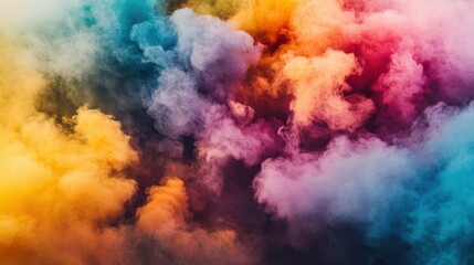 A mesmerizing swirl of multicolored smoke fills the air, resembling an explosion of vibrant holi powders, creating a stunning visual spectacle of swirling colors