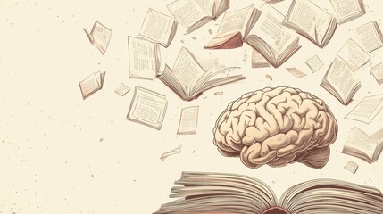 A brain is surrounded by flying pages and open books, representing the relationship between knowledge and intellectual growth. Generative AI