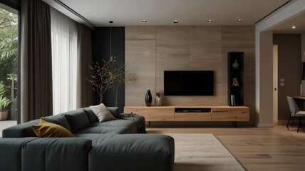 Modern living room with sectional sofa, TV, and wood feature wall.