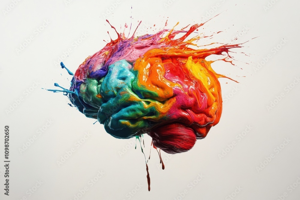Poster a brain is decorated with vivid paint strokes and splashes, showcasing a burst of colors that symbol