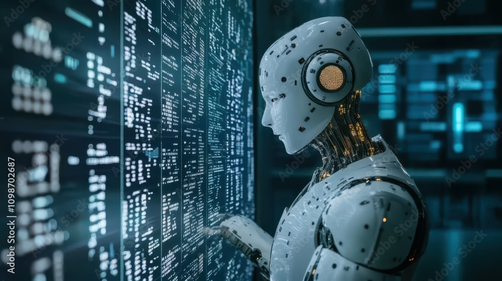 Poster a futuristic ai coding agent concept which incorporates digital code, stocks, and tech innovation.