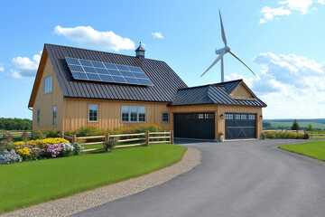 Obraz premium A Modern EcoFriendly Home with Renewable Energy Features for Sustainability and Comfort. sustainable farm with solar panels and a wind turbine, surrounded by lush greenery and thriving nature