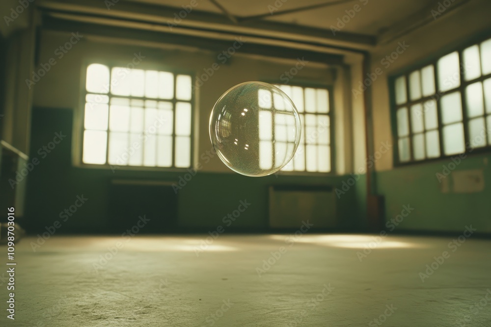 Poster floating bubble in an empty room with sunlight streaming through windows