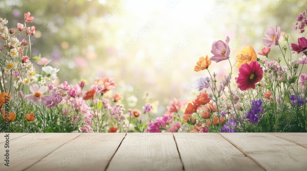 Poster a soft background of summer flowers with an empty table top in front for product promotion in the su