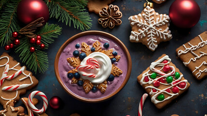 Festive blueberry smoothie bowl with Christmas cookies and ornaments.