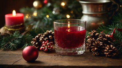 Festive Christmas scene with a red candle floating in a glass of liquid, surrounded by pine cones, ornaments, and evergreen branches.