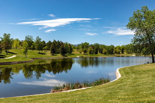 Interlocken Park with Scenic Lake and Lush Greenery near Broomfield, Colorado