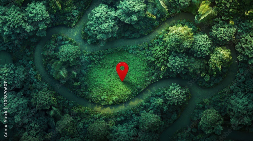 Poster a vibrant green land plot features a bright red location pin set against a backdrop of winding paths